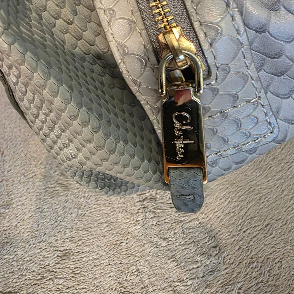 Cole Haan Genevieve Grey Snake Embossed Leather Satchel Shoulder Bag Gold Tags